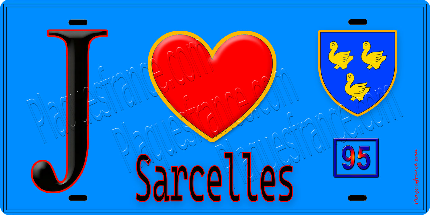 Plaque métal décorative  J' ❤️Sarcelles, Val d'Oise (95) fond bleu