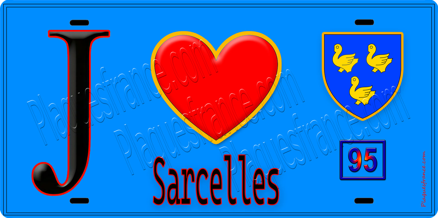 Plaque métal décorative  J' ❤️Sarcelles, Val d'Oise (95) fond bleu