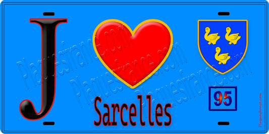 Plaque métal décorative  J' ❤️Sarcelles, Val d'Oise (95) fond bleu