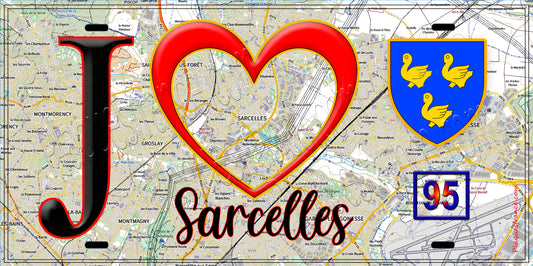 Plaque métal décorative  J' ❤️Sarcelles, Val d'Oise (95) fond carte