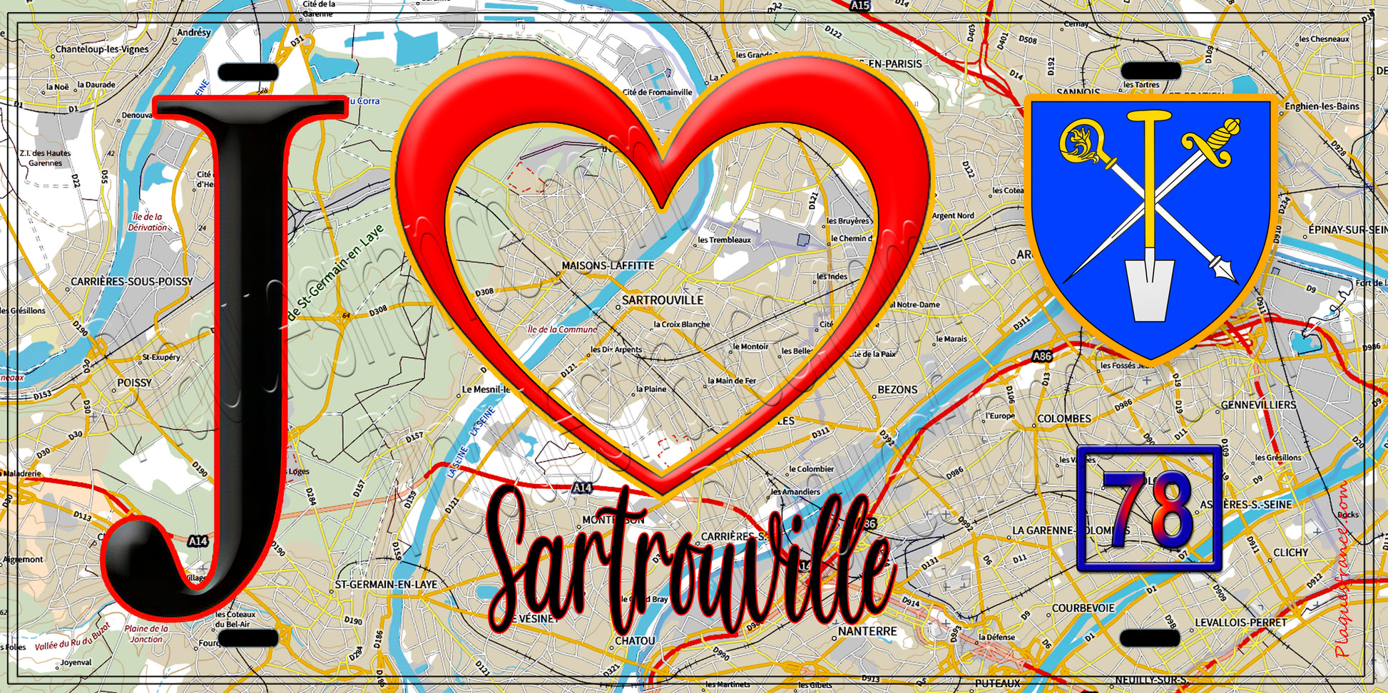 Plaque métal décorative  J' ❤️ Sartrouville, Yvelines (78) fond carte