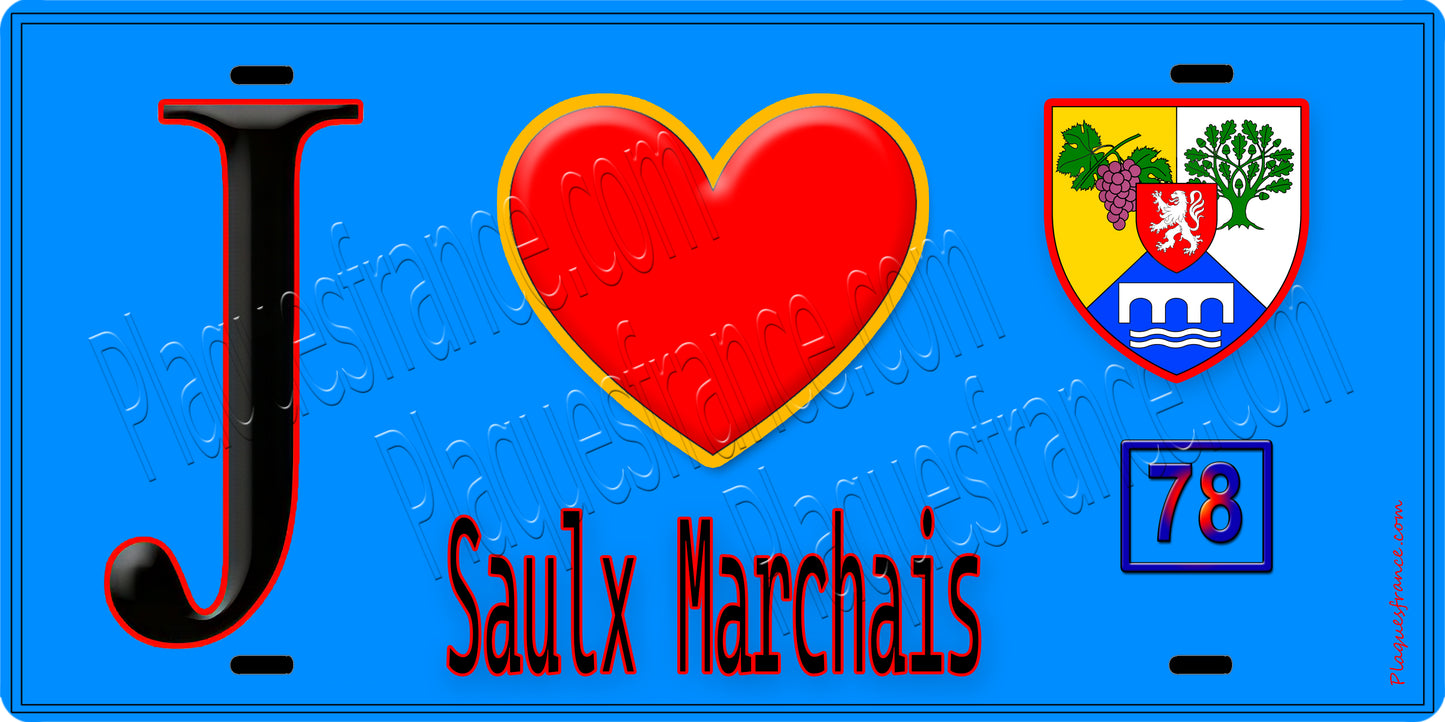 Plaque métal décorative  J' ❤️ Saulx-Marchais, Yvelines (78) fond bleu