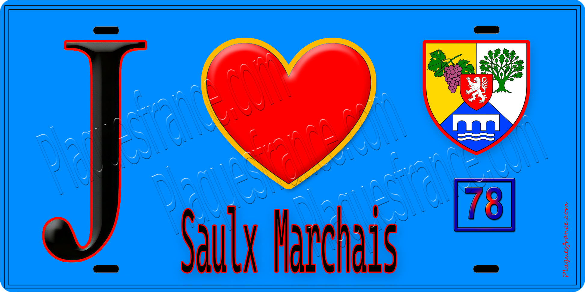 Plaque métal décorative  J' ❤️ Saulx-Marchais, Yvelines (78) fond bleu