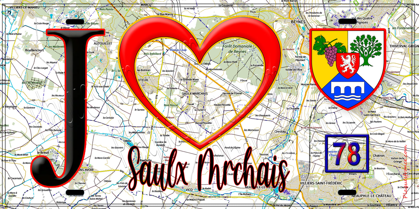 Plaque métal décorative  J' ❤️ Saulx-Marchais, Yvelines (78) fond carte