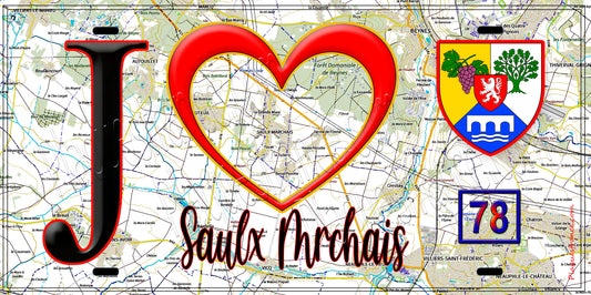 Plaque métal décorative  J' ❤️ Saulx-Marchais, Yvelines (78) fond carte