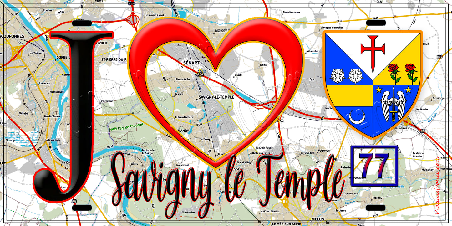 Plaque métal décorative  J' ❤️Savigny-le-Temple, Seine et Marne (77) fond carte