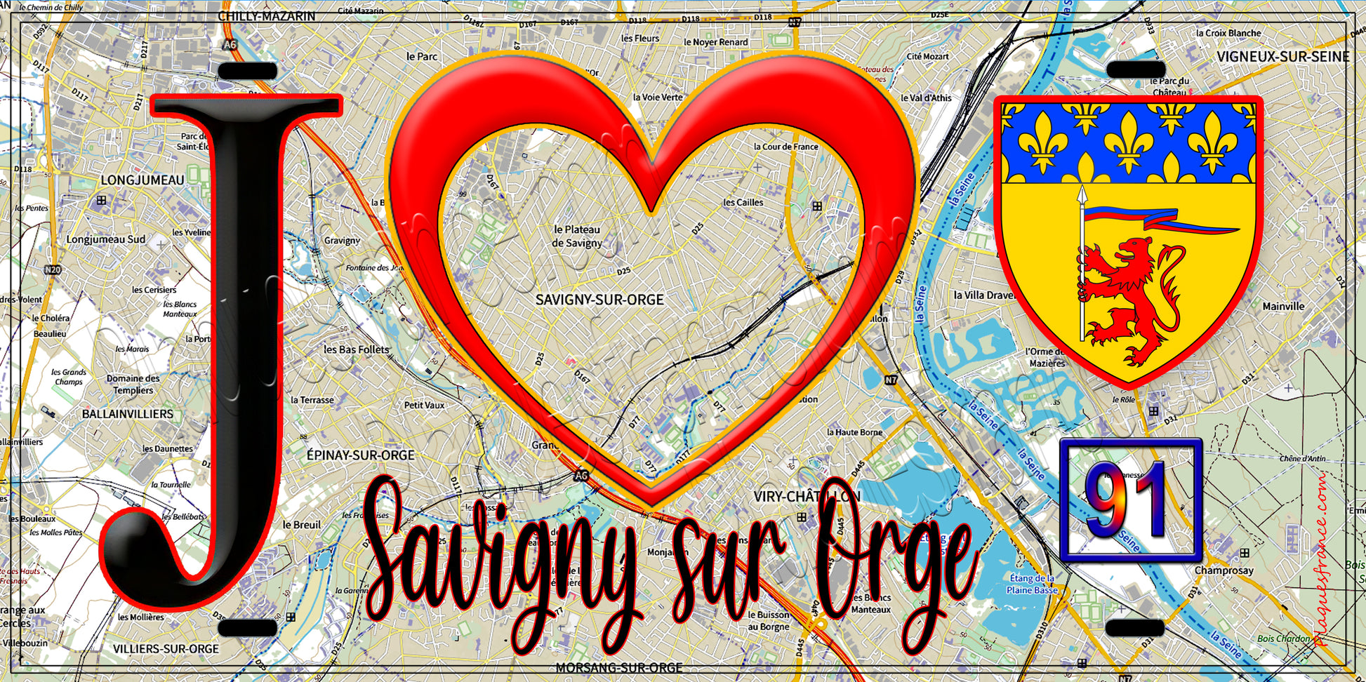 Plaque métal décorative  J' ❤️Savigny-sur-Orge, Essonne (91) fond carte