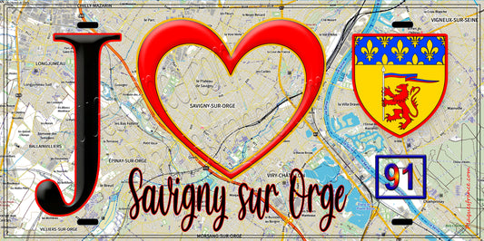 Plaque métal décorative  J' ❤️Savigny-sur-Orge, Essonne (91) fond carte