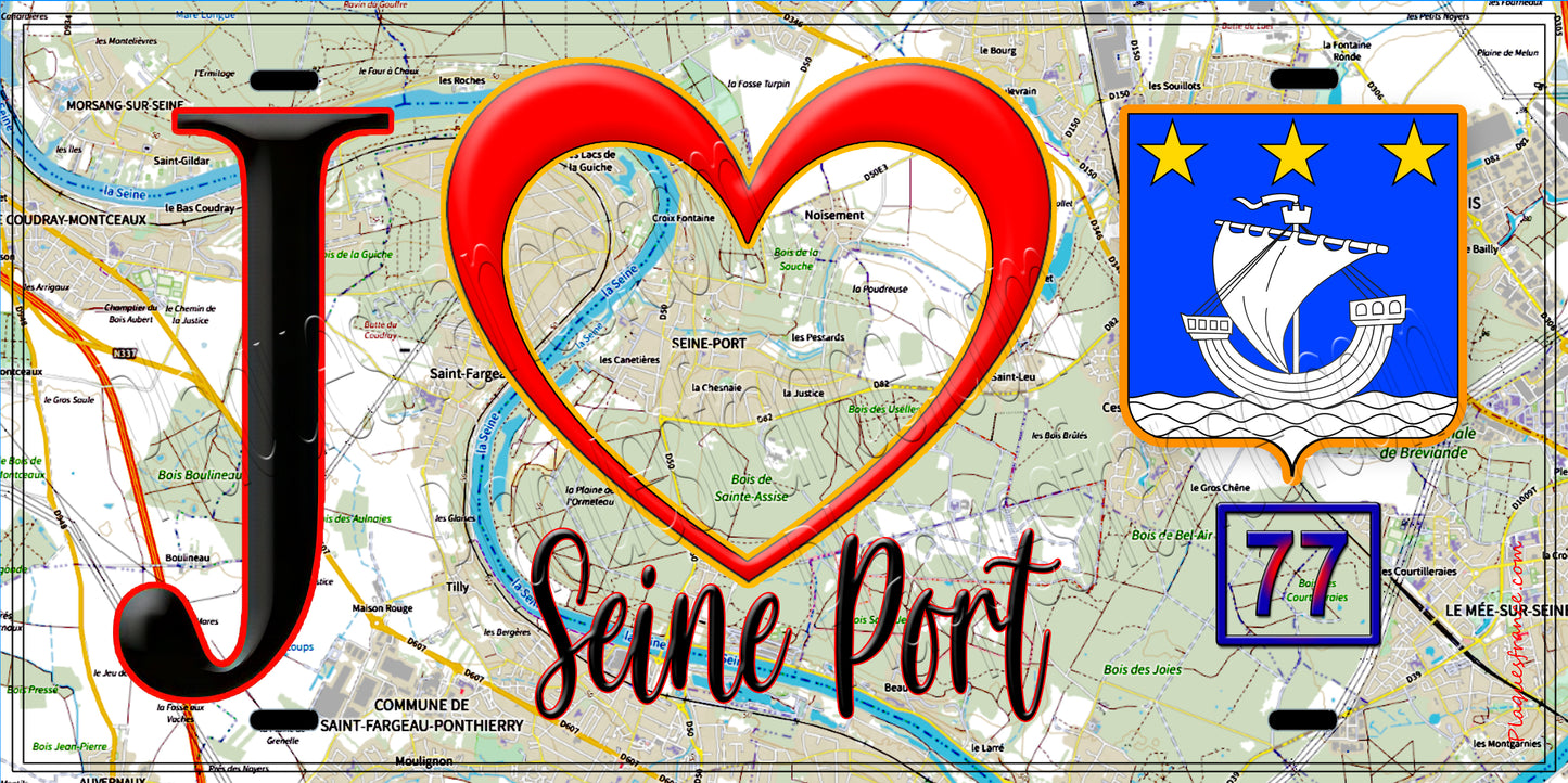 Plaque métal décorative  J' ❤️Seine-Port, Seine et Marne (77) fond carte
