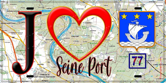 Plaque métal décorative  J' ❤️Seine-Port, Seine et Marne (77) fond carte