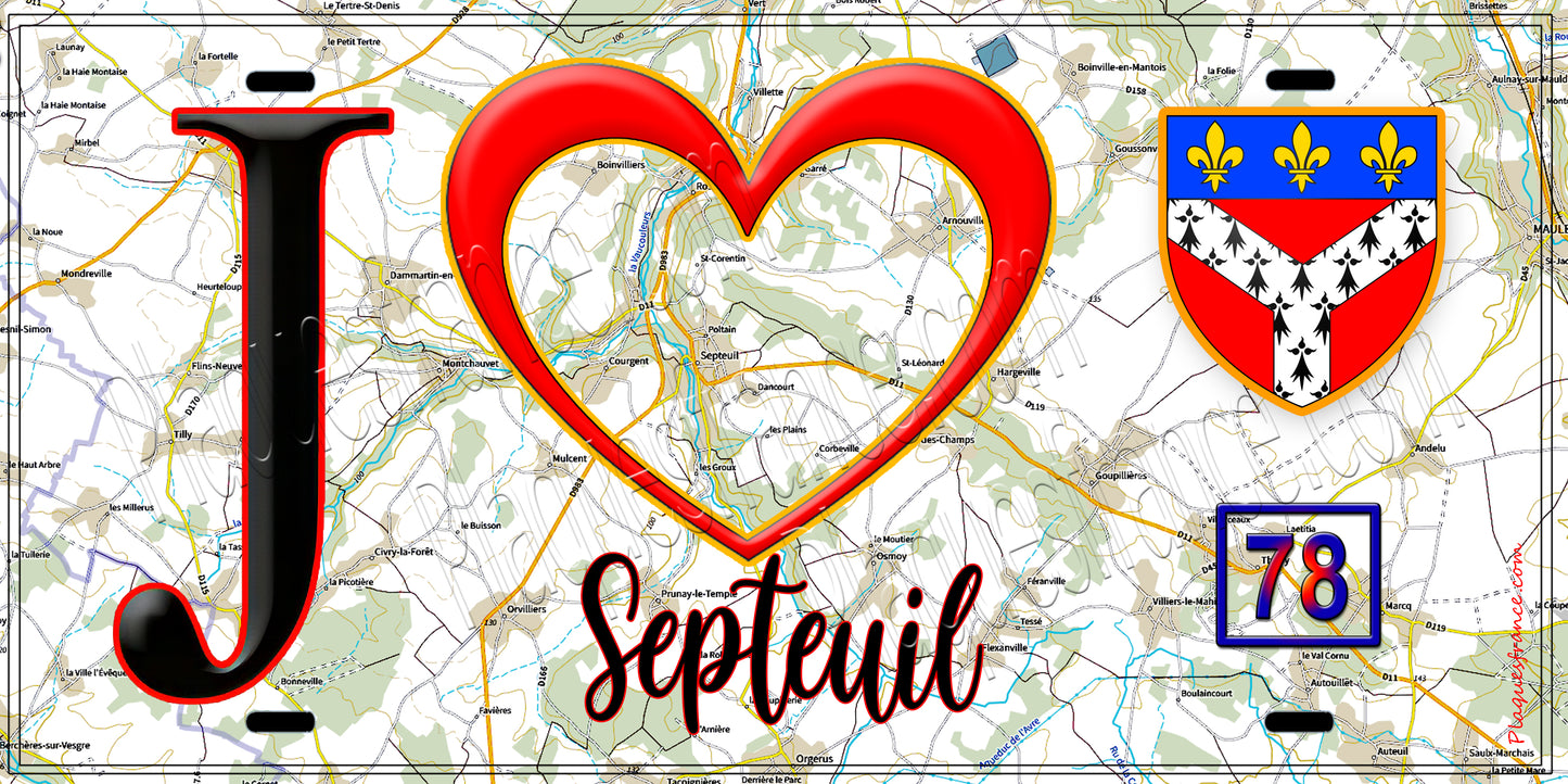 Plaque métal décorative  J' ❤️ Septeuil, Yvelines (78) fond carte