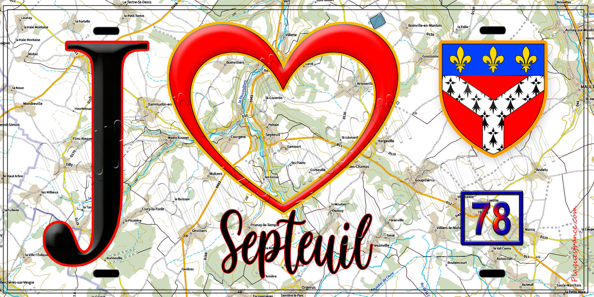 Plaque métal décorative  J' ❤️ Septeuil, Yvelines (78) fond carte