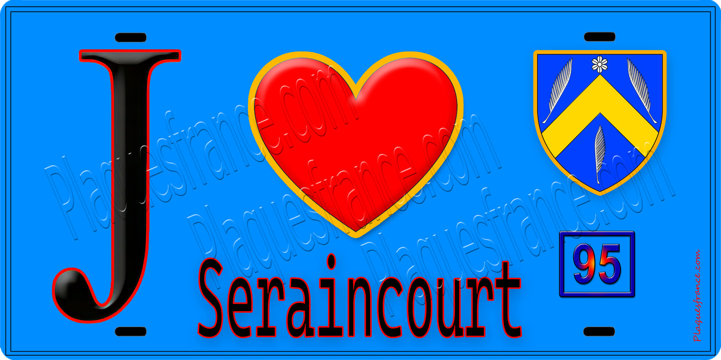 Plaque métal décorative  J' ❤️Seraincourt, Val d'Oise (95) fond bleu