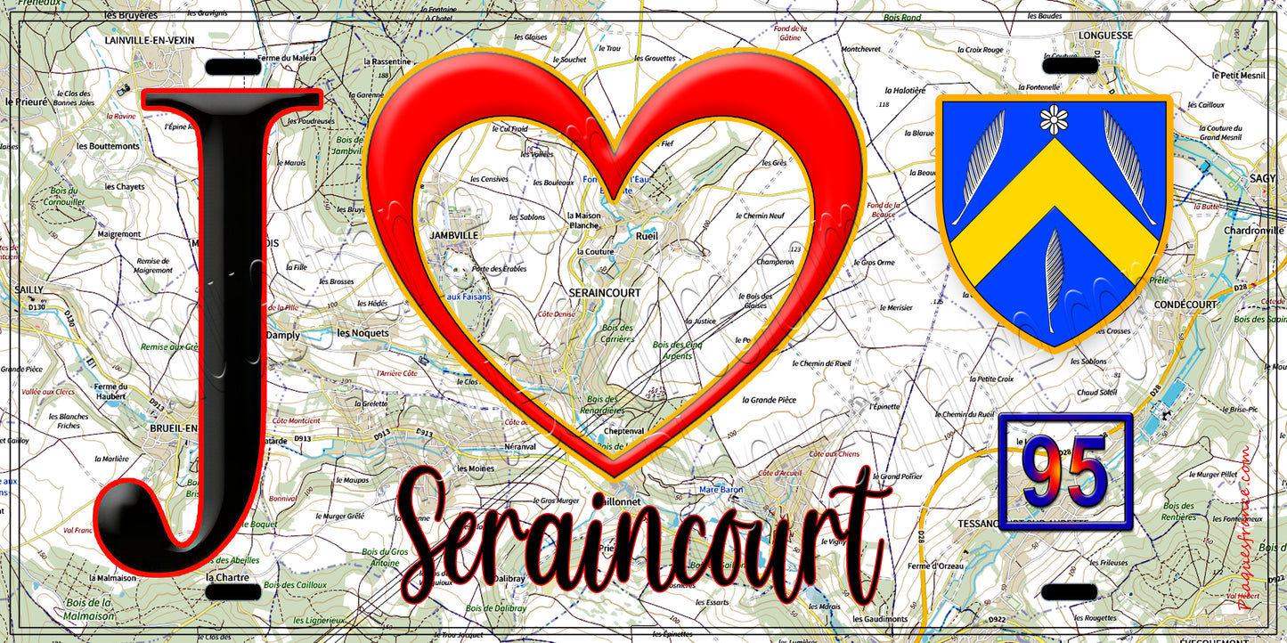 Plaque métal décorative  J' ❤️Seraincourt, Val d'Oise (95) fod carte