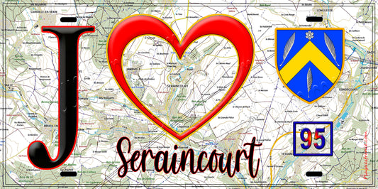 Plaque métal décorative  J' ❤️Seraincourt, Val d'Oise (95) fod carte