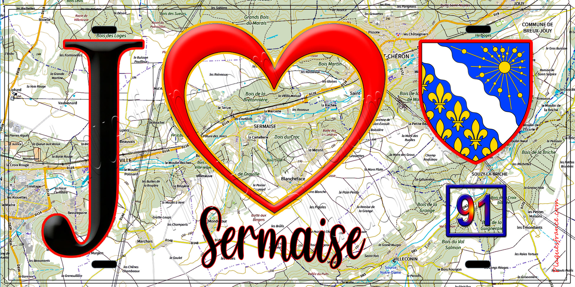 Plaque métal décorative  J' ❤️Sermaise, Essonne (91) fond carte