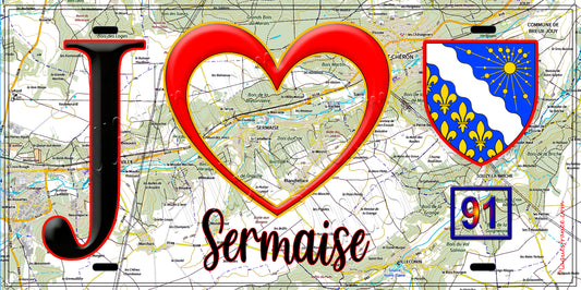 Plaque métal décorative  J' ❤️Sermaise, Essonne (91) fond carte