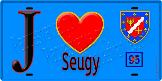 Plaque métal décorative  J' ❤️Seugy, Val d'Oise (95) fond bleu