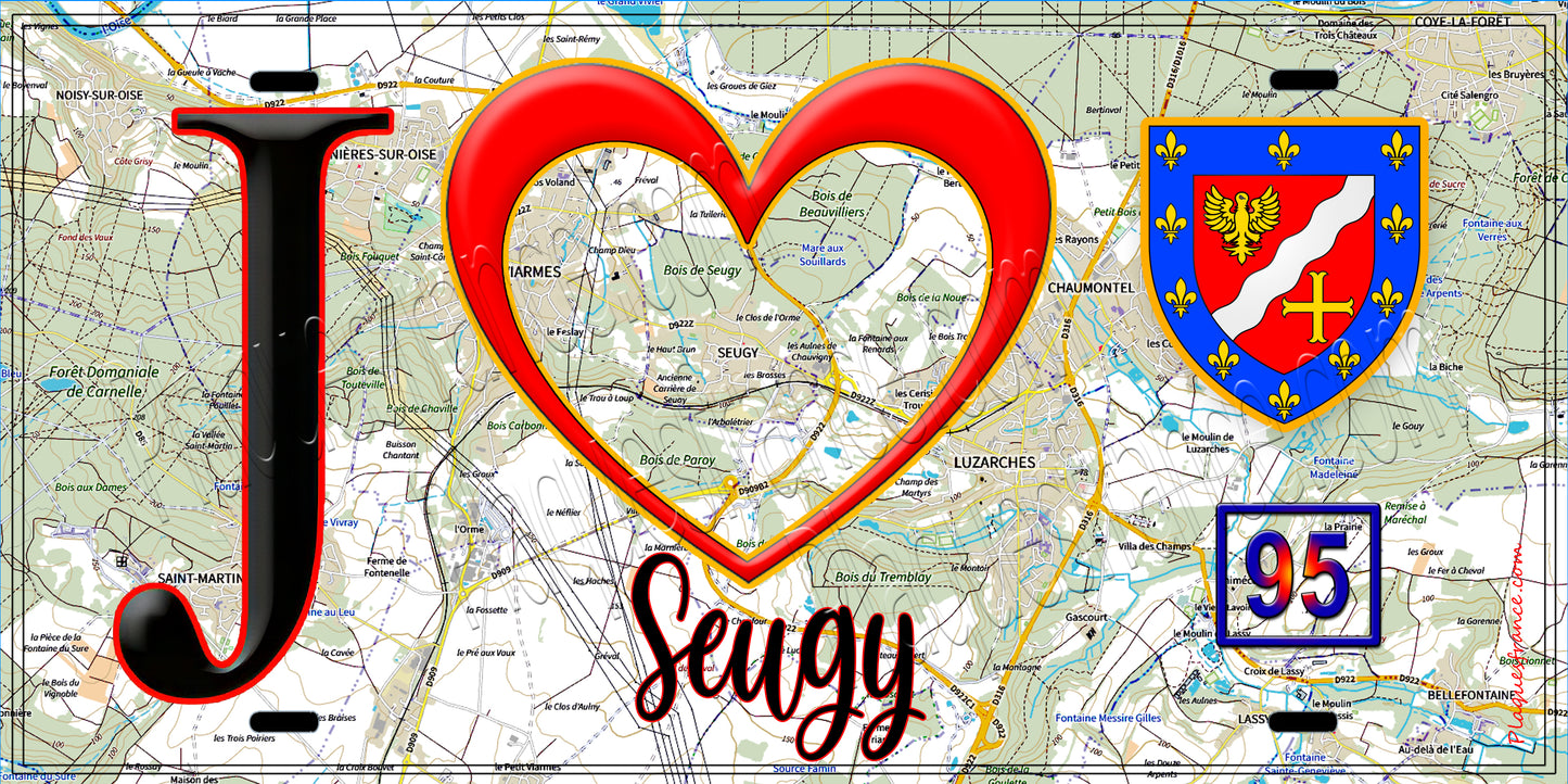 Plaque métal décorative  J' ❤️Seugy, Val d'Oise (95) fond carte