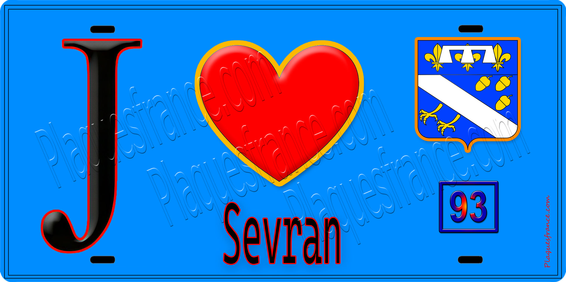 Plaque métal décorative  J' ❤️Sevran, Seine Saint Denis (93) fond bleu
