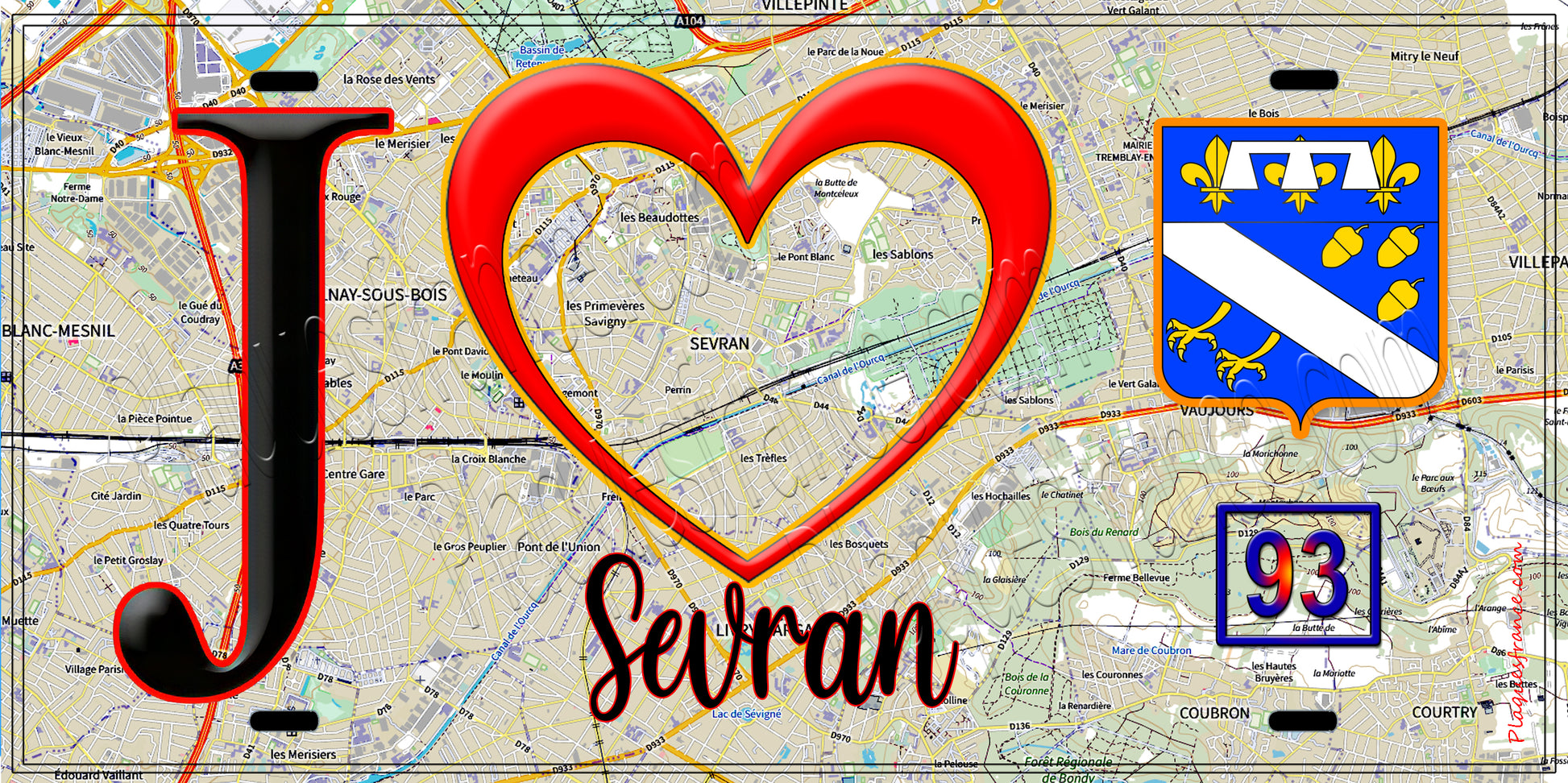Plaque métal décorative  J' ❤️Sevran, Seine Saint Denis (93) fond carte