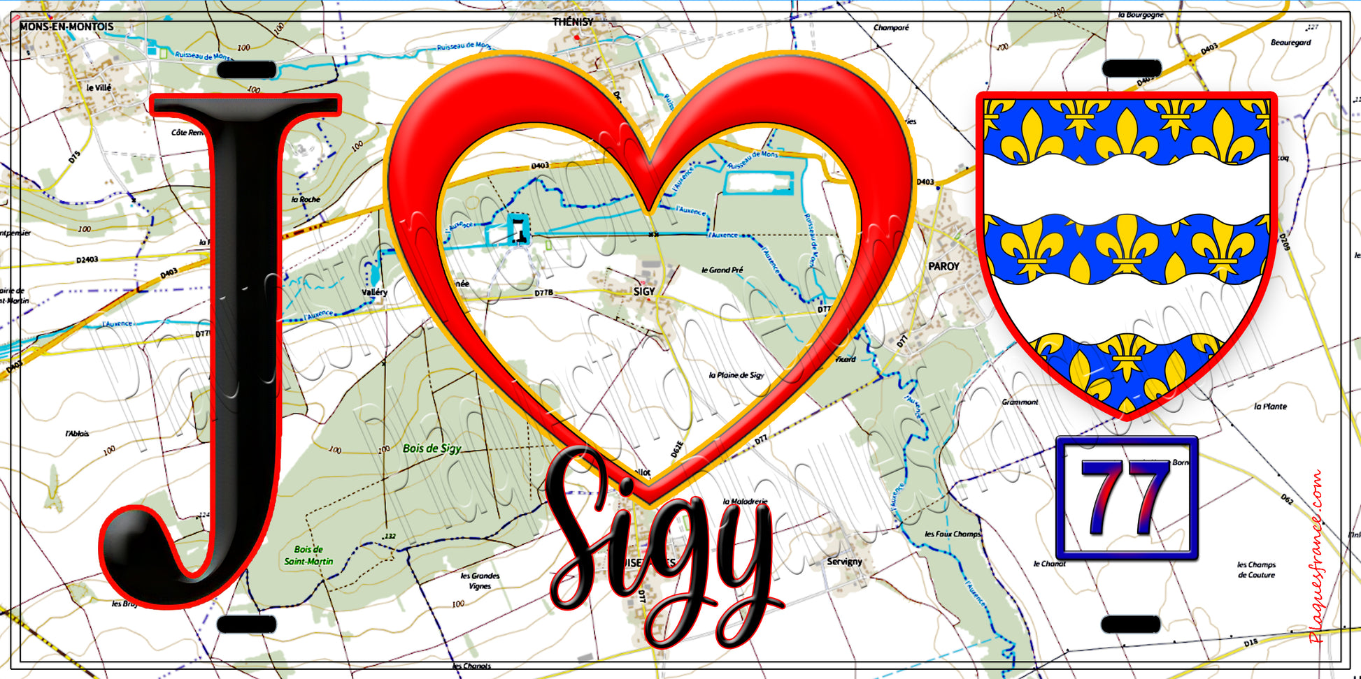Plaque métal décorative  J' ❤️Sigy, Seine et Marne (77) fond carte
