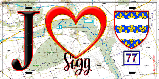 Plaque métal décorative  J' ❤️Sigy, Seine et Marne (77) fond carte