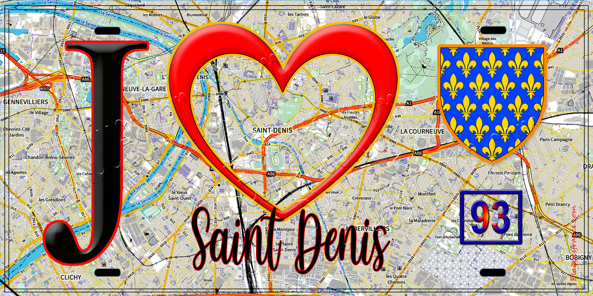 Plaque métal décorative  J' ❤️Saint-Denis, Seine Saint Denis (93) fond carte