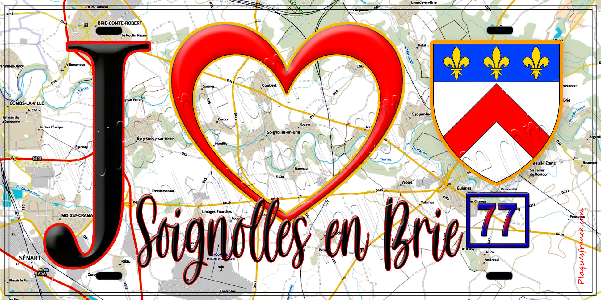 Plaque métal décorative  J' ❤️Soignolles-en-Brie, Seine et Marne (77) fond carte