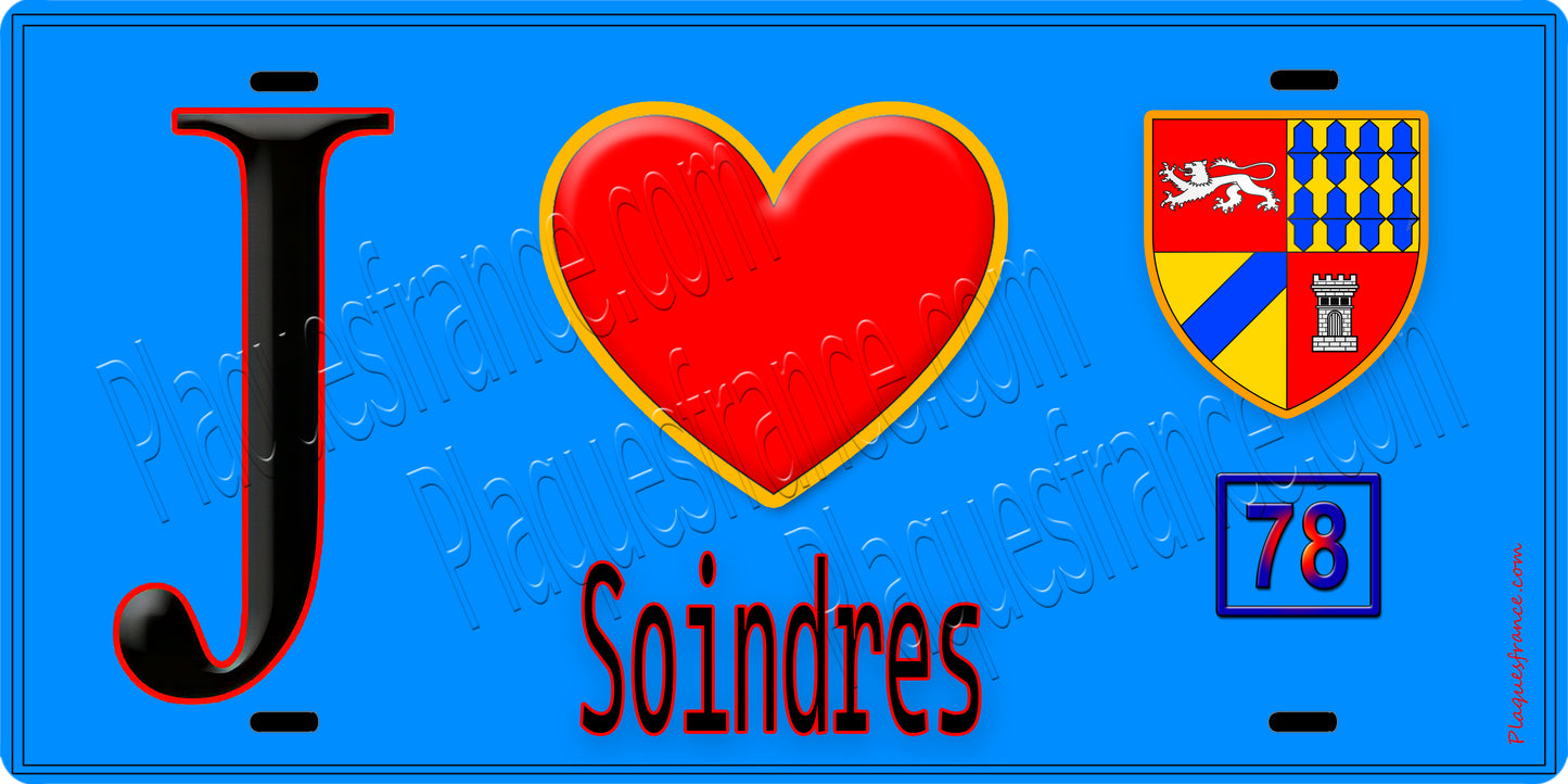 Plaque métal décorative  J' ❤️ Soindres, Yvelines (78) fond bleu