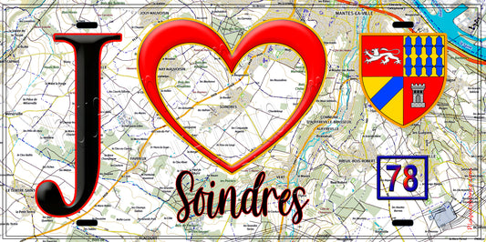 Plaque métal décorative  J' ❤️ Soindres, Yvelines (78) fond carte