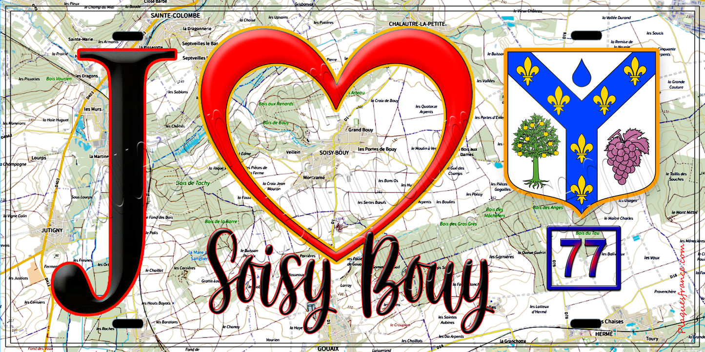 Plaque métal décorative  J' ❤️Soisy-Bouy, Seine et Marne (77) fond carte