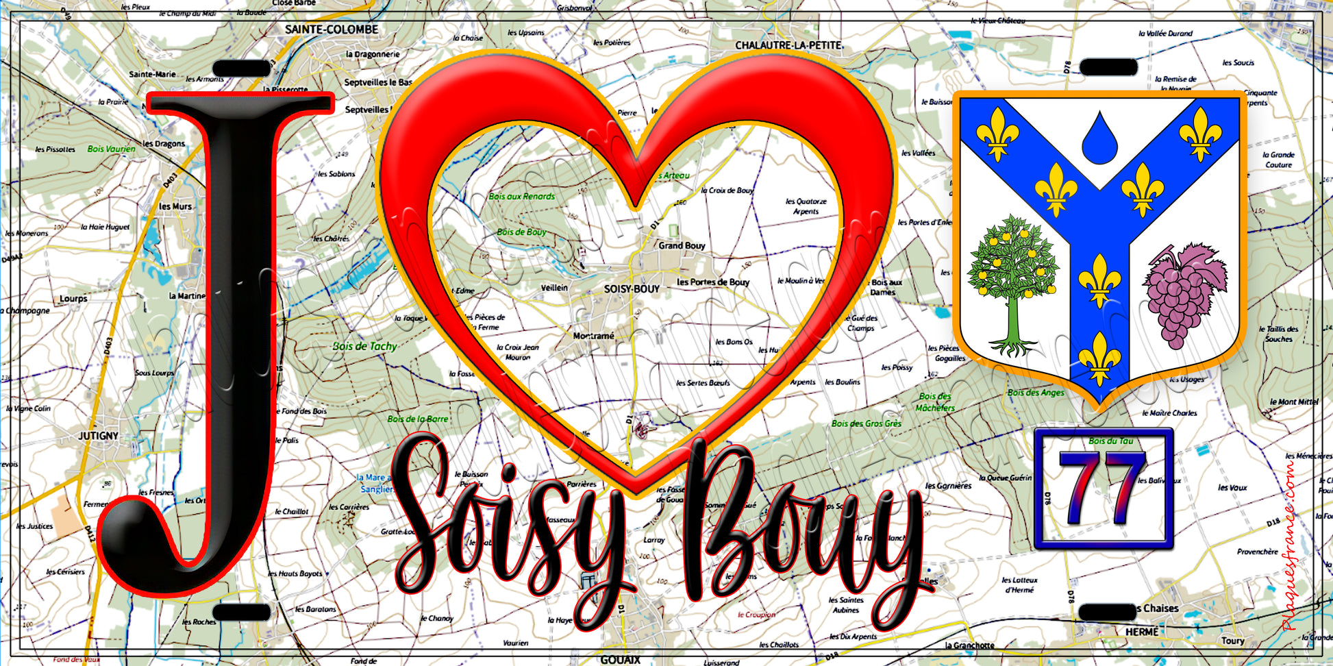 Plaque métal décorative  J' ❤️Soisy-Bouy, Seine et Marne (77) fond carte