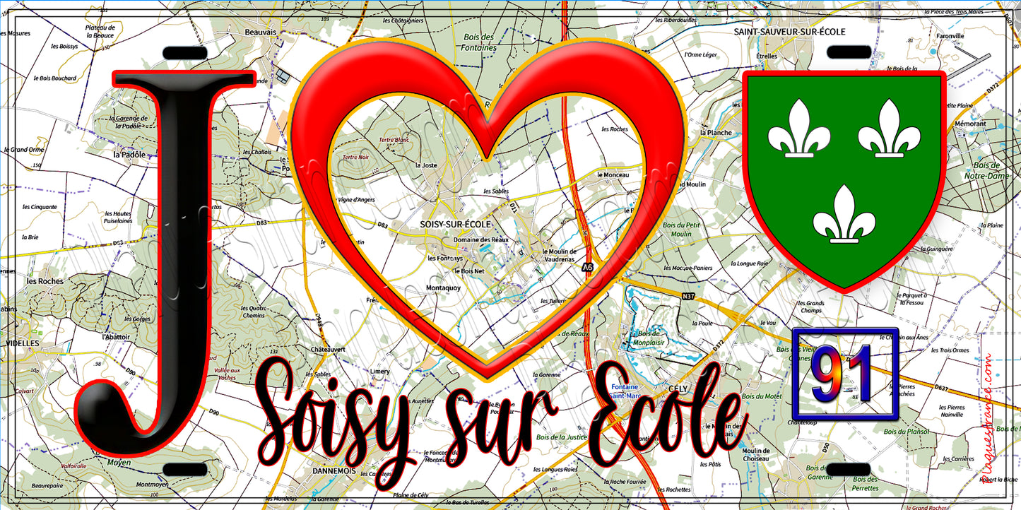 Plaque métal décorative  J' ❤️Soisy-sur-École, Essonne (91) fond carte