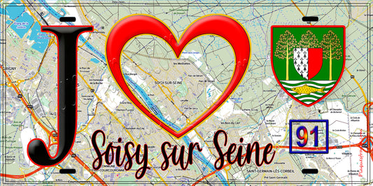 Plaque métal décorative  J' ❤️Soisy-sur-Seine, Essonne (91) fond carte