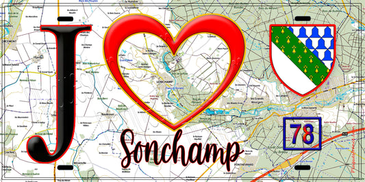 Plaque métal décorative  J' ❤️ Sonchamp, Yvelines (78) fond carte