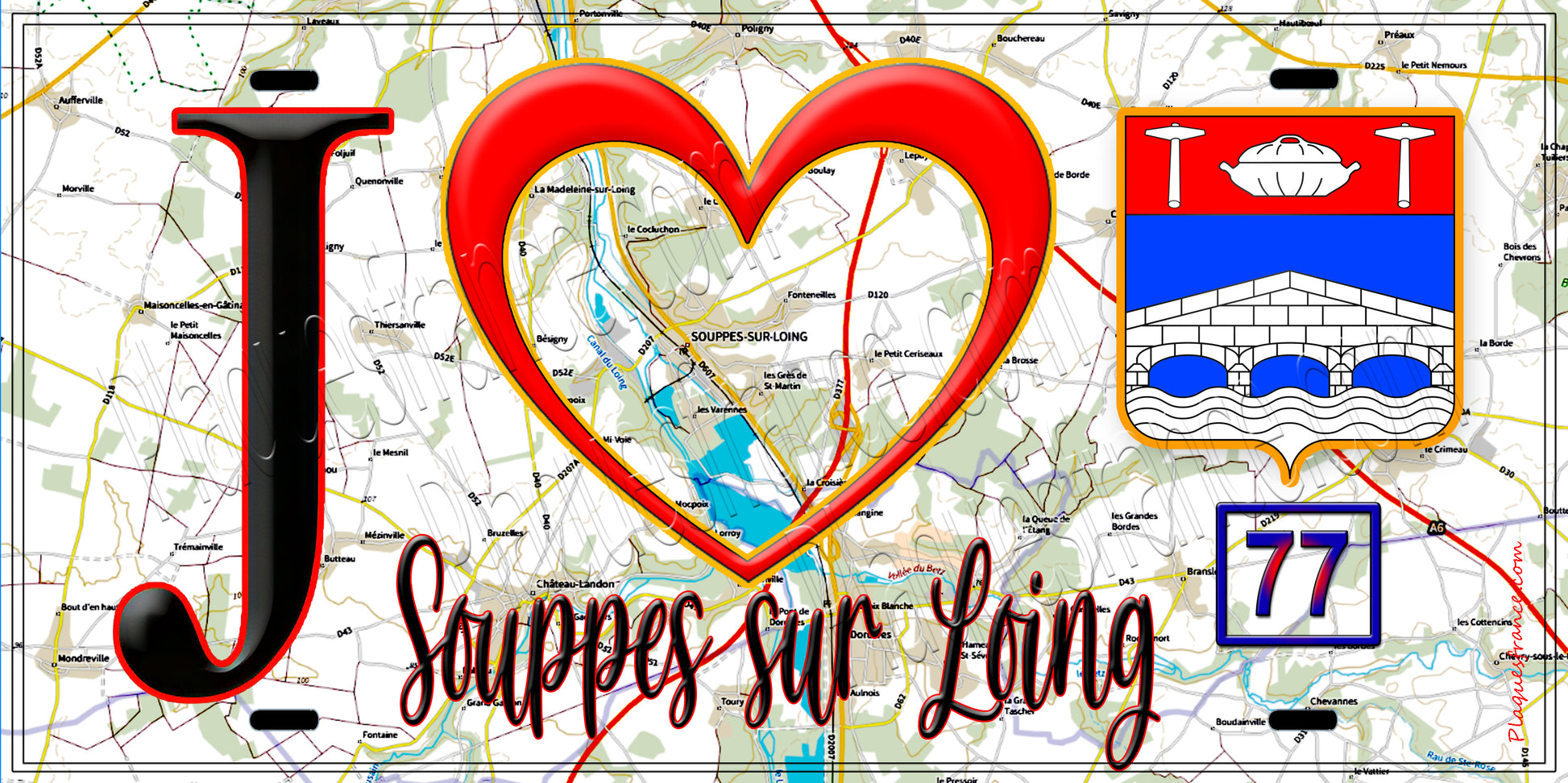 Plaque métal décorative  J' ❤️Souppes-sur-Loing, Seine et Marne (77) fond bleu