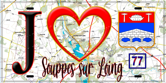 Plaque métal décorative  J' ❤️Souppes-sur-Loing, Seine et Marne (77) fond bleu
