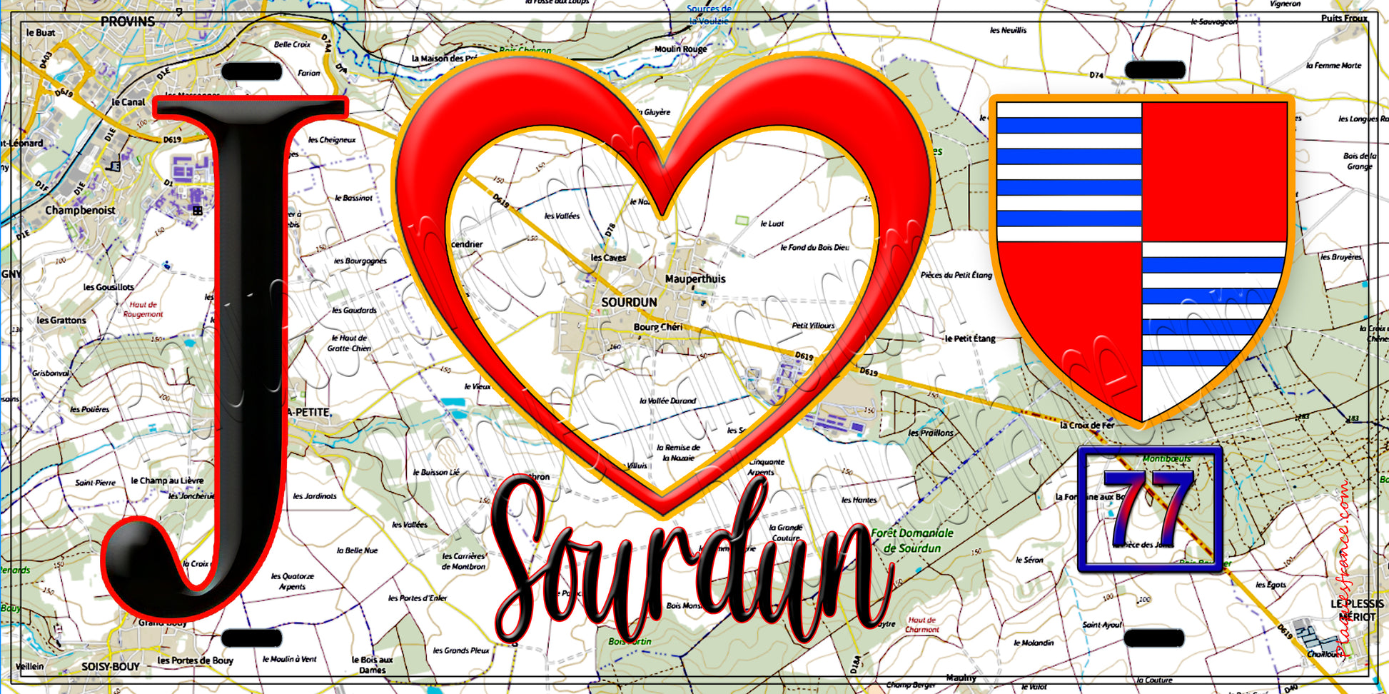 Plaque métal décorative  J' ❤️Sourdun, Seine et Marne (77) fond carte