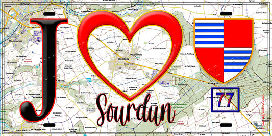 Plaque métal décorative  J' ❤️Sourdun, Seine et Marne (77) fond carte