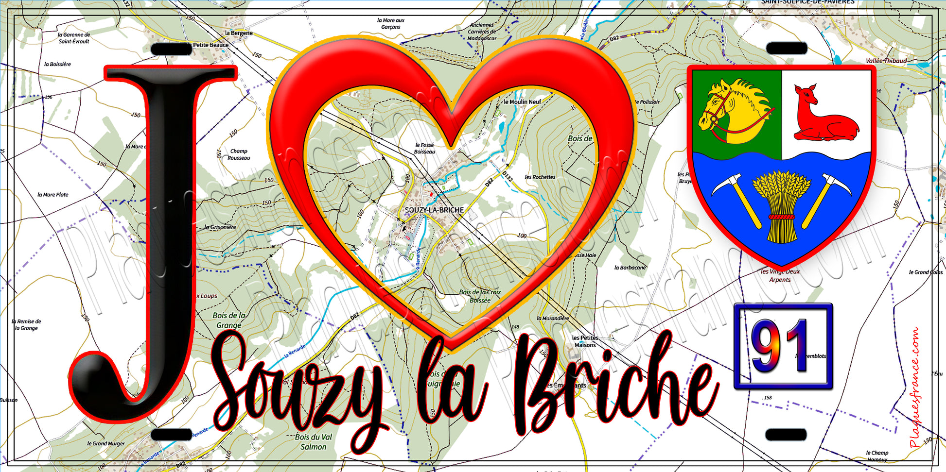 Plaque métal décorative  J' ❤️Souzy-la-Briche, Essonne (91) fond carte