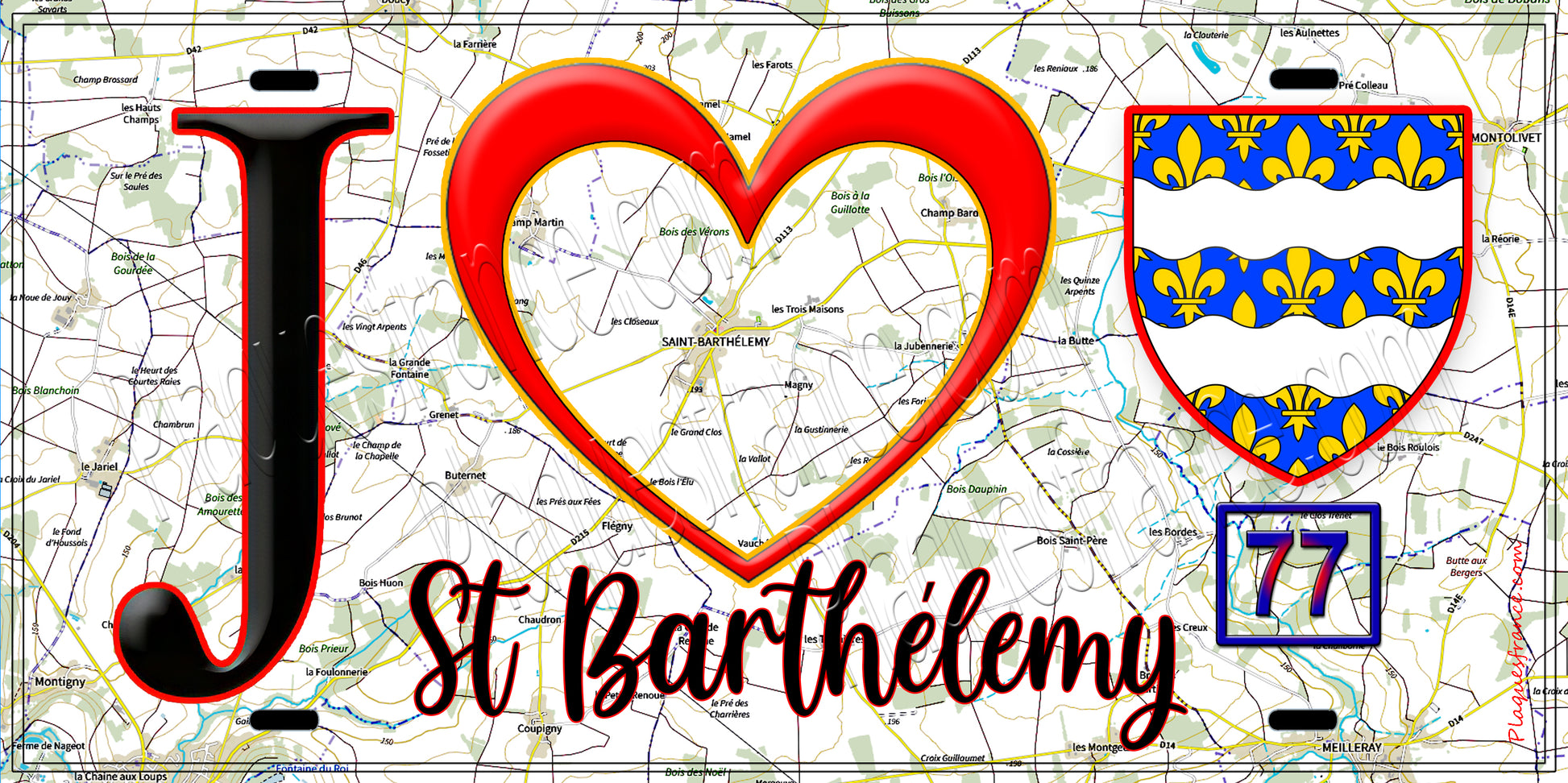 Plaque métal décorative  J' ❤️Saint-Barthélemy, Seine et Marne (77) fond carte