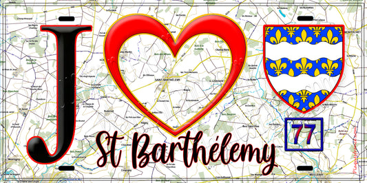Plaque métal décorative  J' ❤️Saint-Barthélemy, Seine et Marne (77) fond carte