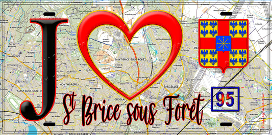 Plaque métal décorative  J' ❤️Saint-Brice-sous-Forêt, Val d'Oise (95) fond carte
