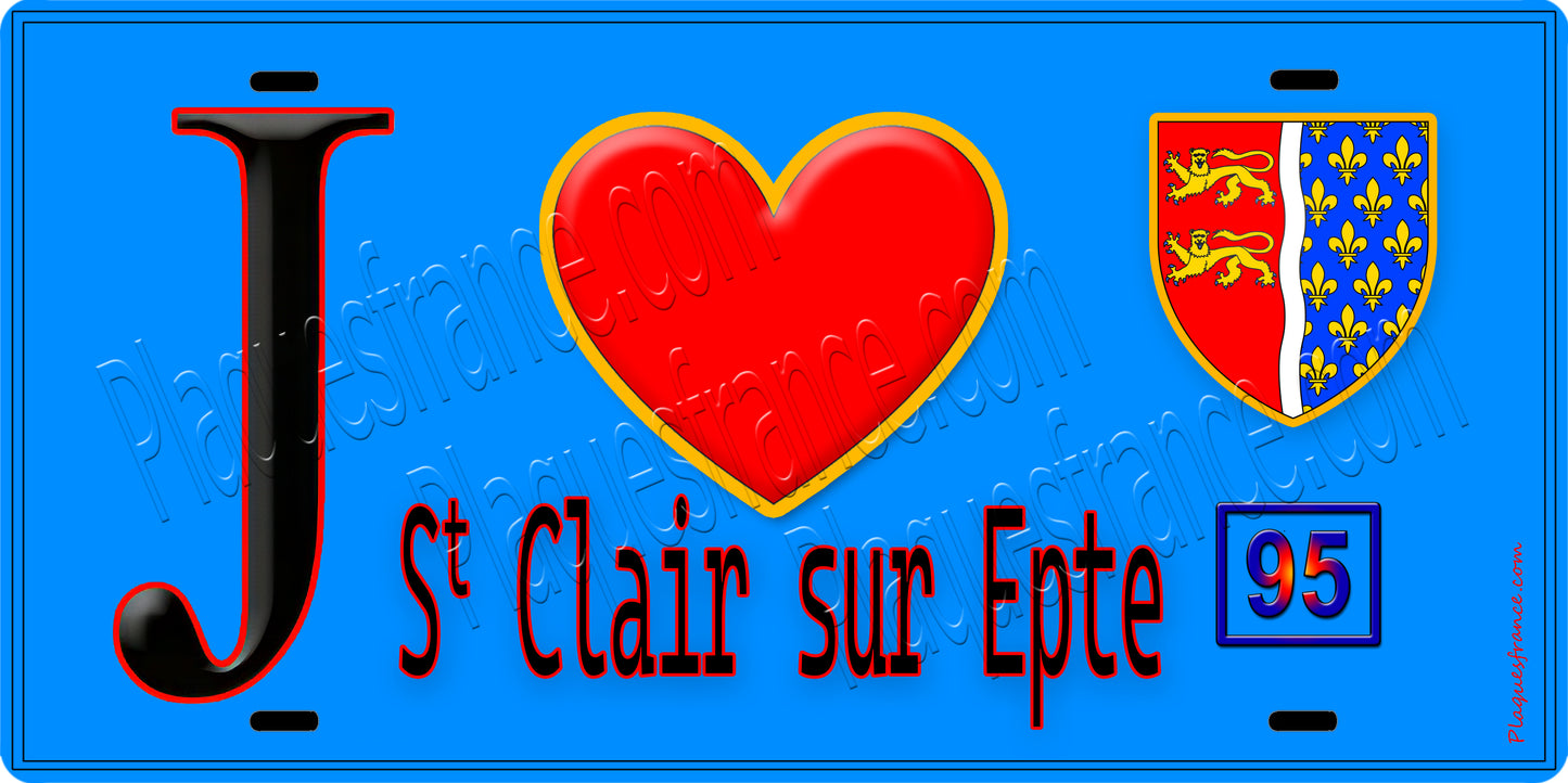 Plaque métal décorative  J' ❤️Saint-Clair-sur-Epte, Val d'Oise (95) fond bleu