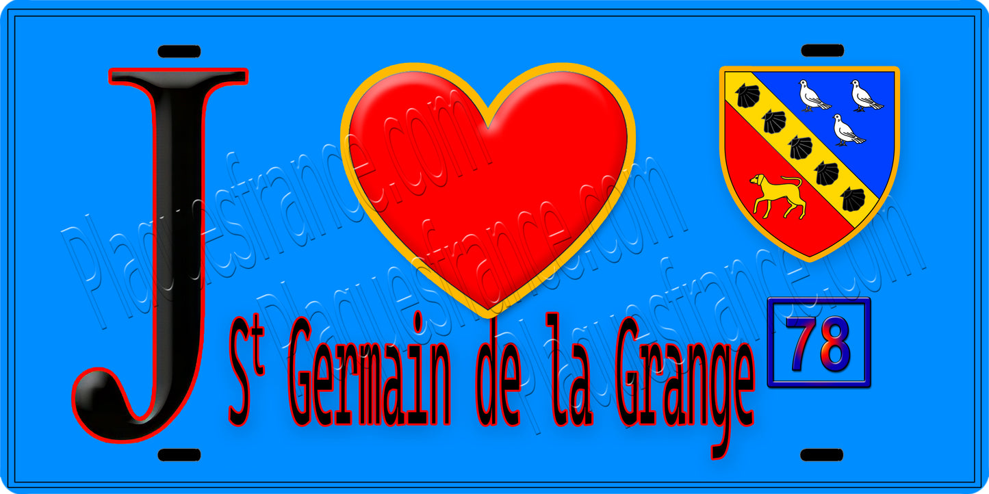 Plaque métal décorative  J' ❤️ Saint-Germain-de-la-Grange, Yvelines (78) fond bleu