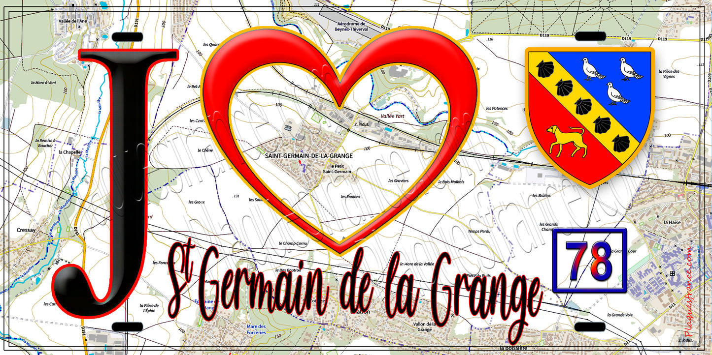 Plaque métal décorative  J' ❤️ Saint-Germain-de-la-Grange, Yvelines (78) fond carte
