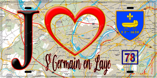 Plaque métal décorative  J' ❤️ Saint-Germain-en-Laye, Yvelines (78) fond carte