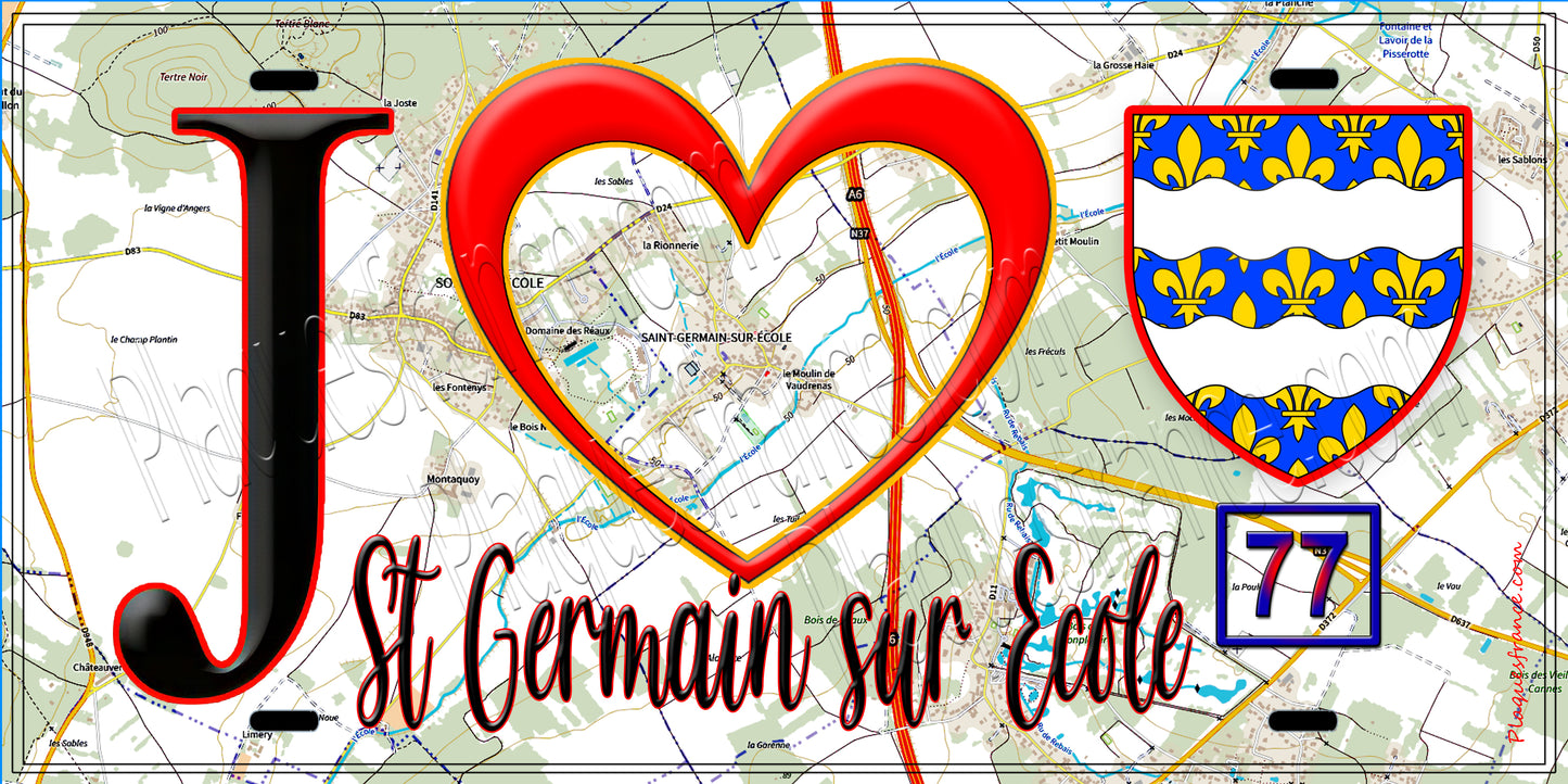 Plaque métal décorative  J' ❤️Saint-Germain-sur-École, Seine et Marne (77) fond carte