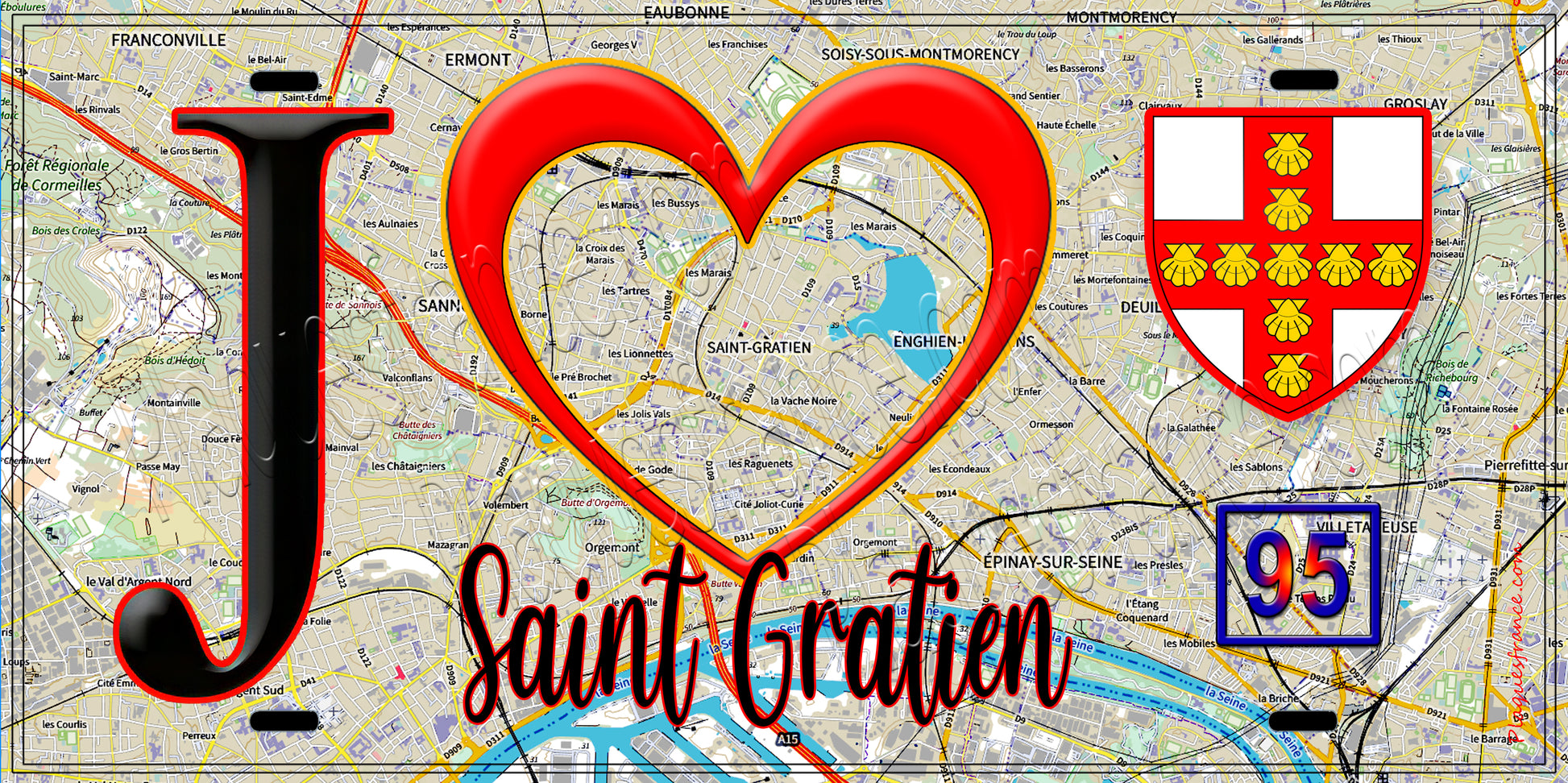 Plaque métal décorative  J' ❤️Saint-Gratien, Val d'Oise (95) fond carte